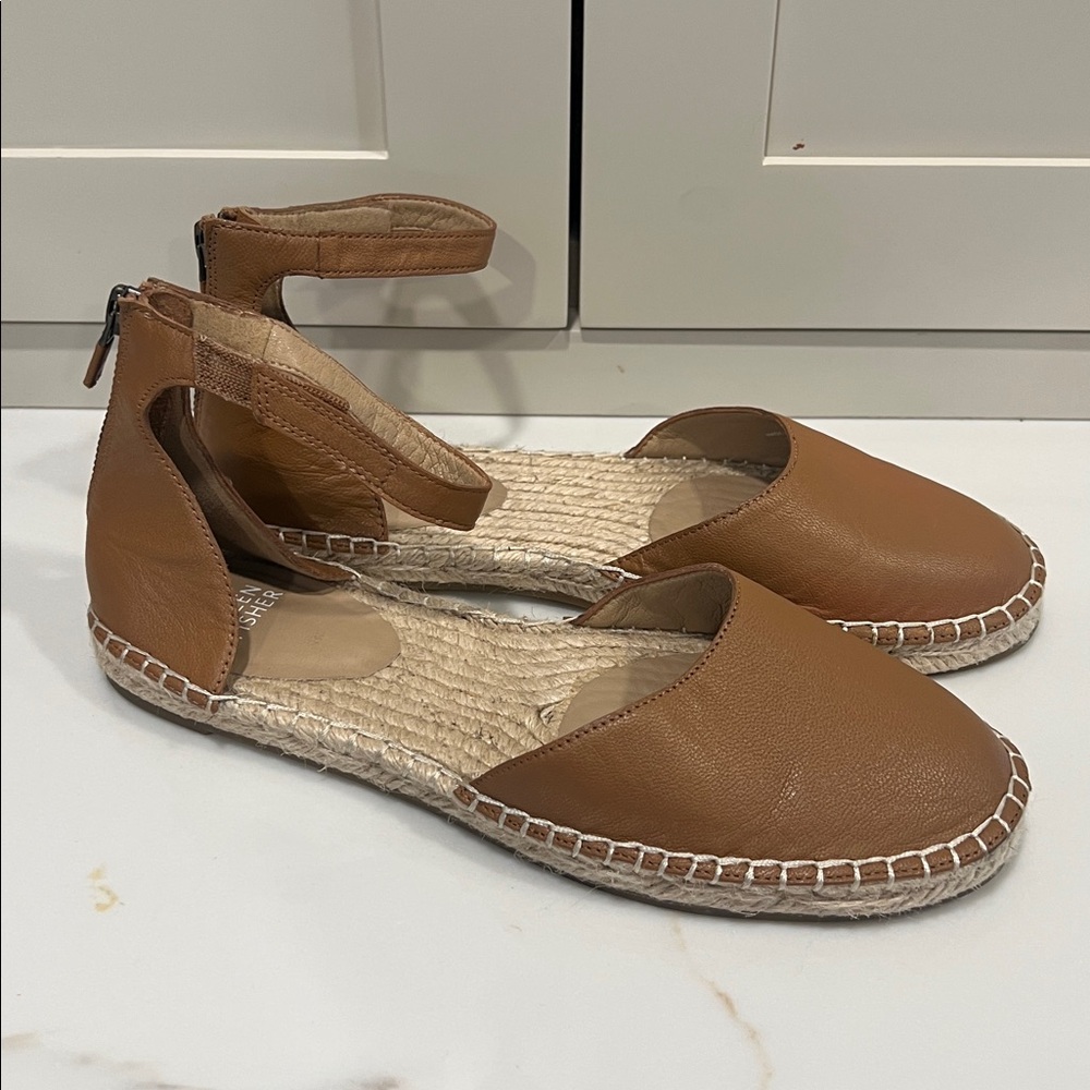 Eileen Fisher Tan Leather Espadrille Ankle-Strap Flats